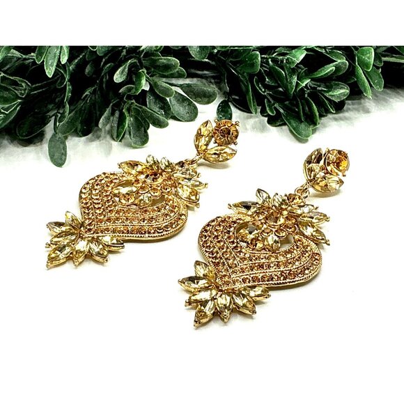 Gold-Tone Chandlier Rhinestone Floral Dangle Earrings - Picture 3 of 6